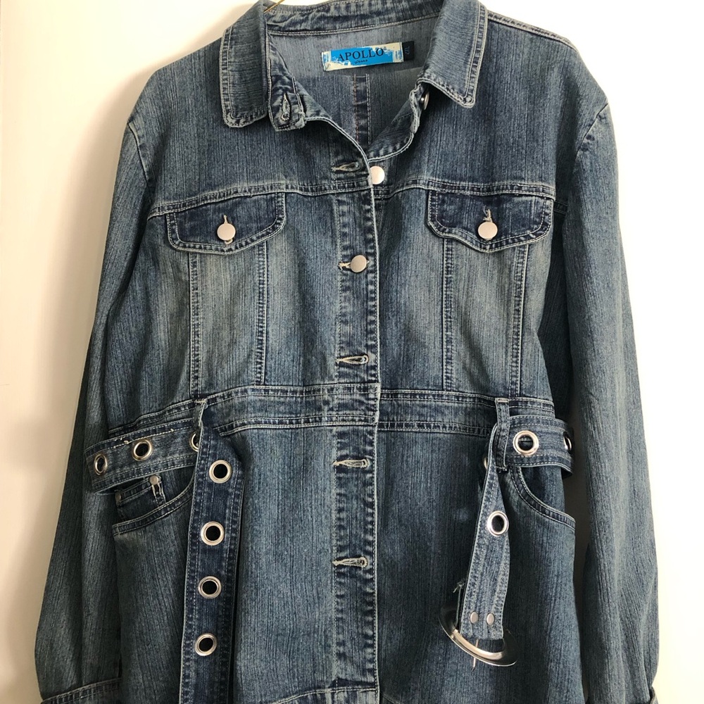 Apollo Women's Blue Denim Jacket with Grommet Belt Detail